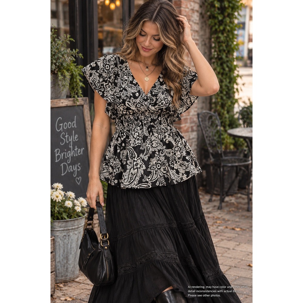 ACE small Paisley Smocked Waist Flutter Sleeve Blouse Black Whimsy Goth Boho